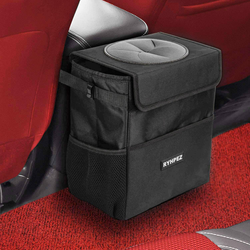 Ryhpez front view of car trash can shows neat containment benefit