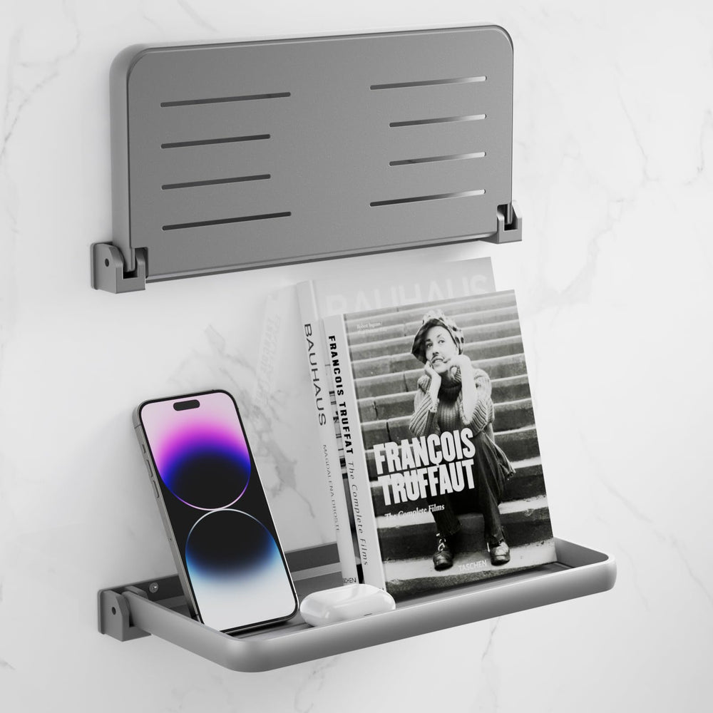 Safoner front view mounted shelf showing compact storage benefit