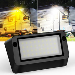 Safoner porch light front view showing bright flood illumination and durable housing