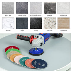 SALI pad mounted on angle grinder polishing stone with water