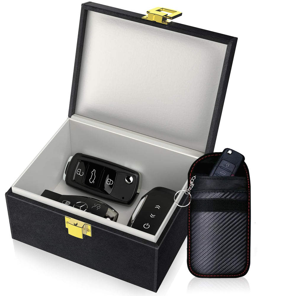Samfolk Faraday Box front view showing elegant wood and PU leather finish for secure storage
