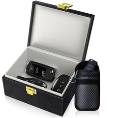 Samfolk Faraday Box front view showing elegant wood and PU leather finish for secure storage