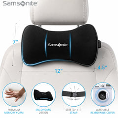 Samsonite pillow attached to car headrest showing secure adjustable strap benefit