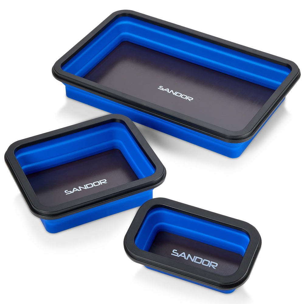 SANDOR front view of blue collapsible trays showing sizes and benefits