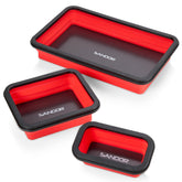SANDOR front view of three red trays showing sizes and organized parts