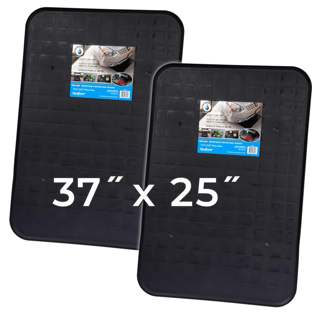 Scepter front view of two black drip trays showing size and packaging benefits