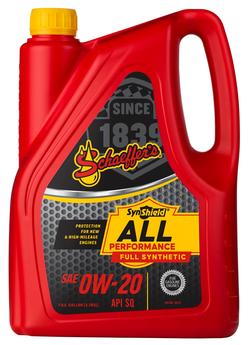 Schaeffer SynShield 0W-20 front label showing product name and volume benefits