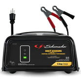 Schumacher SC1320 front view showing compact charger protecting battery