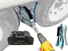 Schumaho front packaging showing two chocks and bag for compact storage