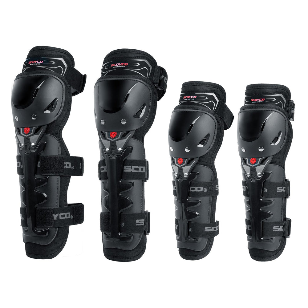 Scoyco front view of knee and elbow pads showing full coverage and fit