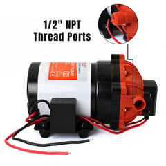 SEAFLO threaded 1/2 inch NPT ports and model label for secure connections