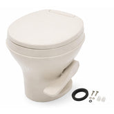 SEAFLO front view of RV toilet showing bone finish and clean profile benefit comfort