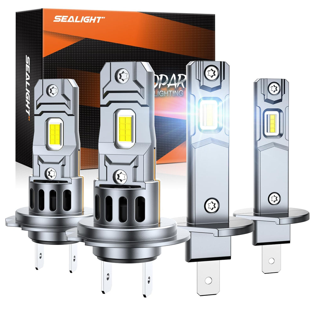 SEALIGHT front view of H1 H7 4-pack showing ready-to-install bulbs and benefits