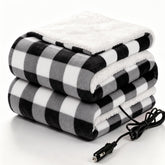 Sealy heated car blanket front view showing black plaid and full coverage benefit