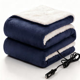 Sealy navy blanket front view showing compact travel size and cozy coverage