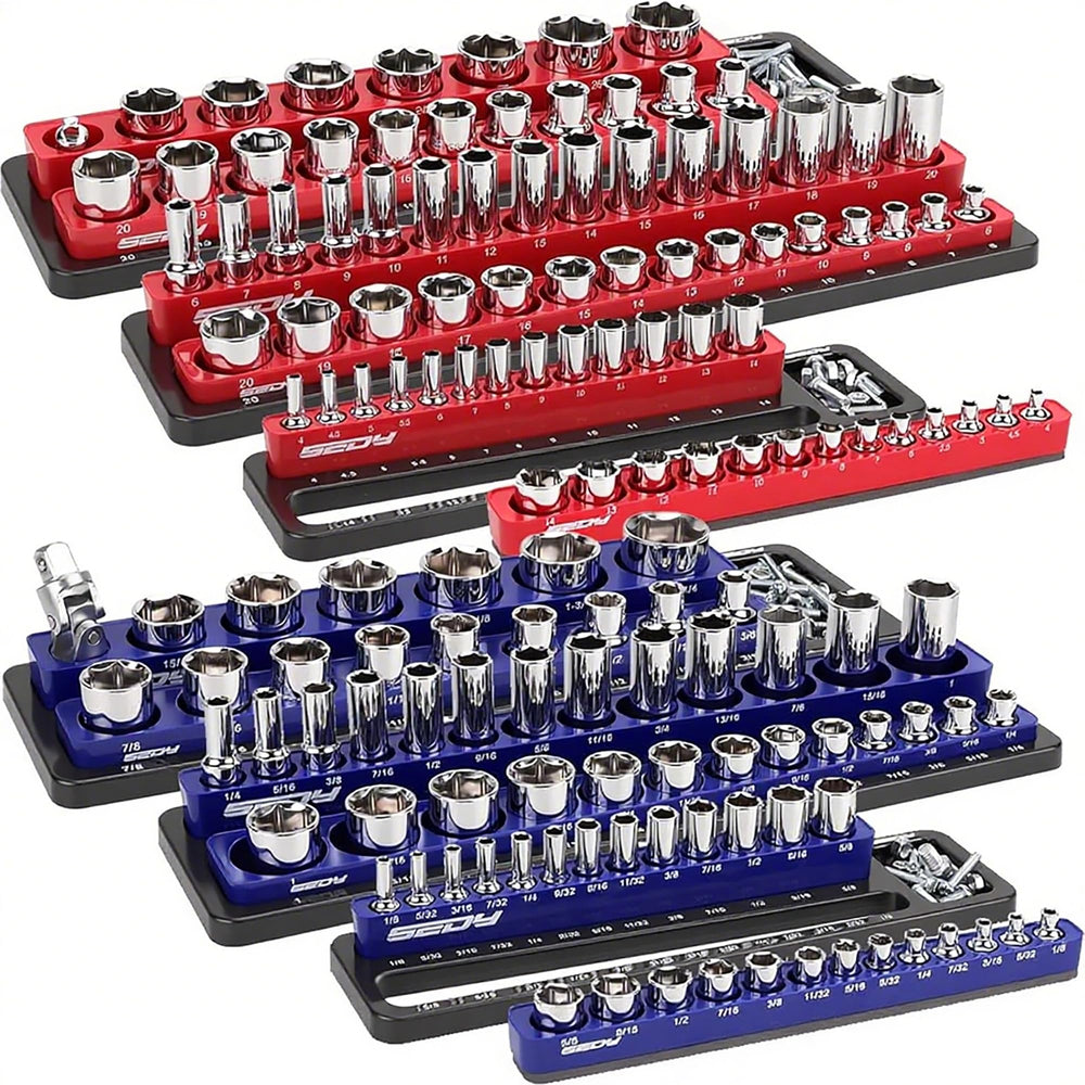 SEDY front view of six-piece magnetic socket organizer showing colored trays and capacity benefit