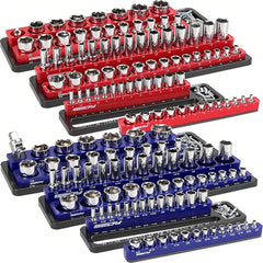 SEDY front view of six-piece magnetic socket organizer showing colored trays and capacity benefit