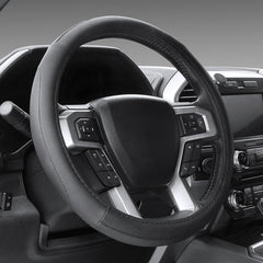SEG Direct front view of black steering wheel cover showing design and fit benefit