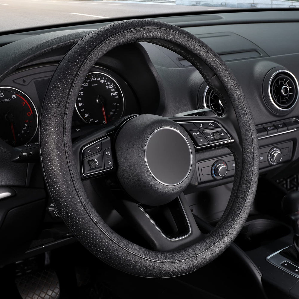 SEG Direct front view of black steering wheel cover shows clean aesthetic and fit