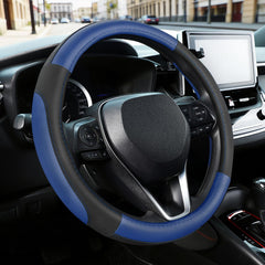 SEG Direct front view of steering wheel cover showing black and blue style and improved grip