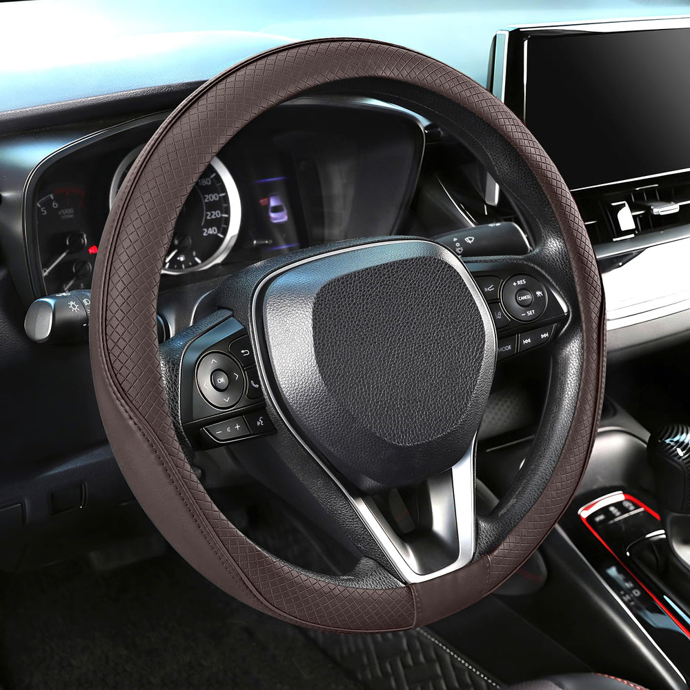 SEG Direct front view of chocolate brown steering wheel cover shows fit and style benefits