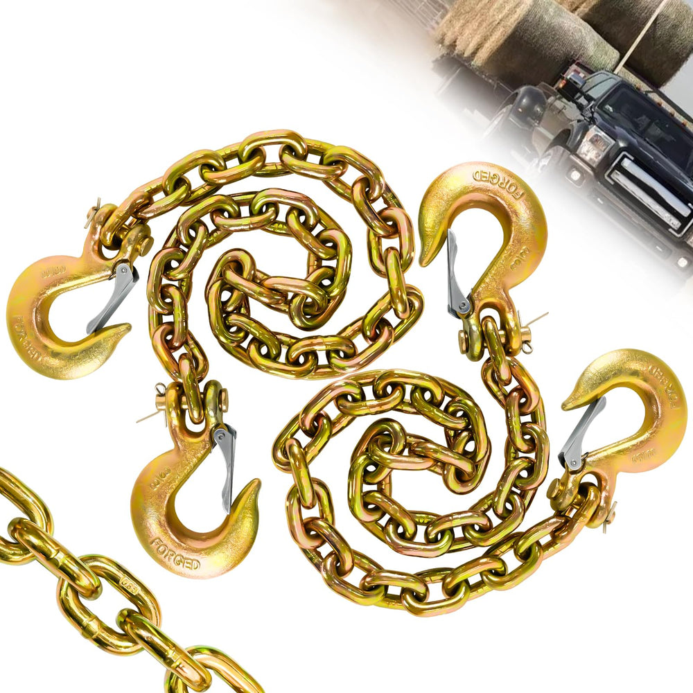 SENKEYFE front view of two-pack G80 chains showing packaging and included hooks for reliability