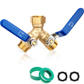 SheeChung front view heavy-duty brass splitter showing dual outlets and benefits