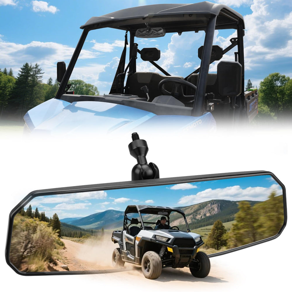 SHEJISI front view mirror mounted on UTV shows expanded rear visibility