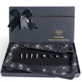 Shering front packaging showing two black rhinestone frames and premium box benefits presentation