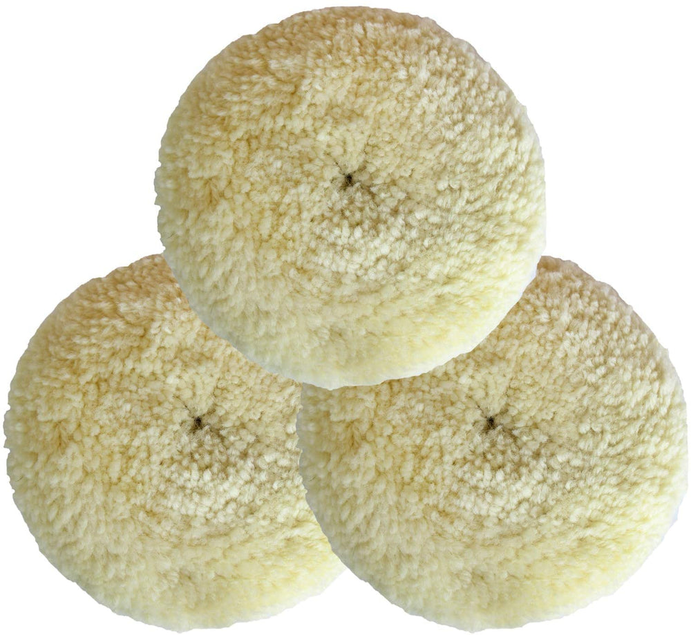 Shineyoo front view of three 7-inch wool buffing pads showing kit contents and benefits