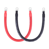 Shirbly front view of red and black preterminated battery cable pair protecting connections
