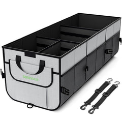 Simniam front view of trunk organizer showing compartments and capacity benefit