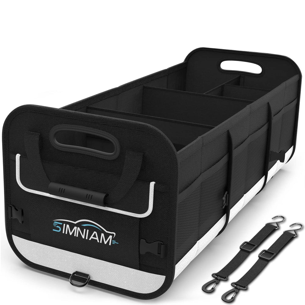 Simniam front view of large trunk organizer showing five compartments and tidy storage benefit