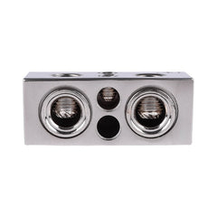 Skar Audio detail of dual gauge ports accepting 1/0-4 AWG and 8-10 AWG wires for flexibility