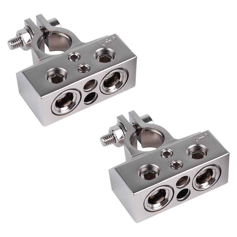 Skar Audio top-post front view showing positive and negative terminals for secure connections