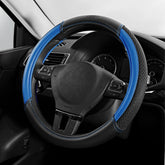 Skechers front view of blue steering wheel cover showing color and fit benefit