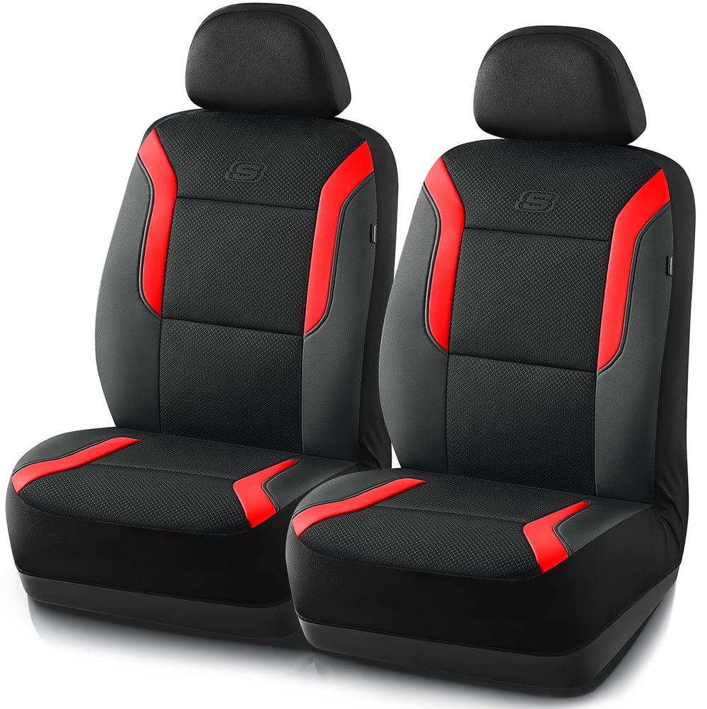 Skechers front view of red seat covers showing overall fit and style benefit