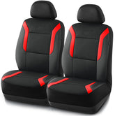 Skechers front view of red seat covers showing overall fit and style benefit