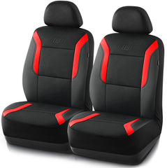 Skechers front view of red seat covers showing overall fit and style benefit