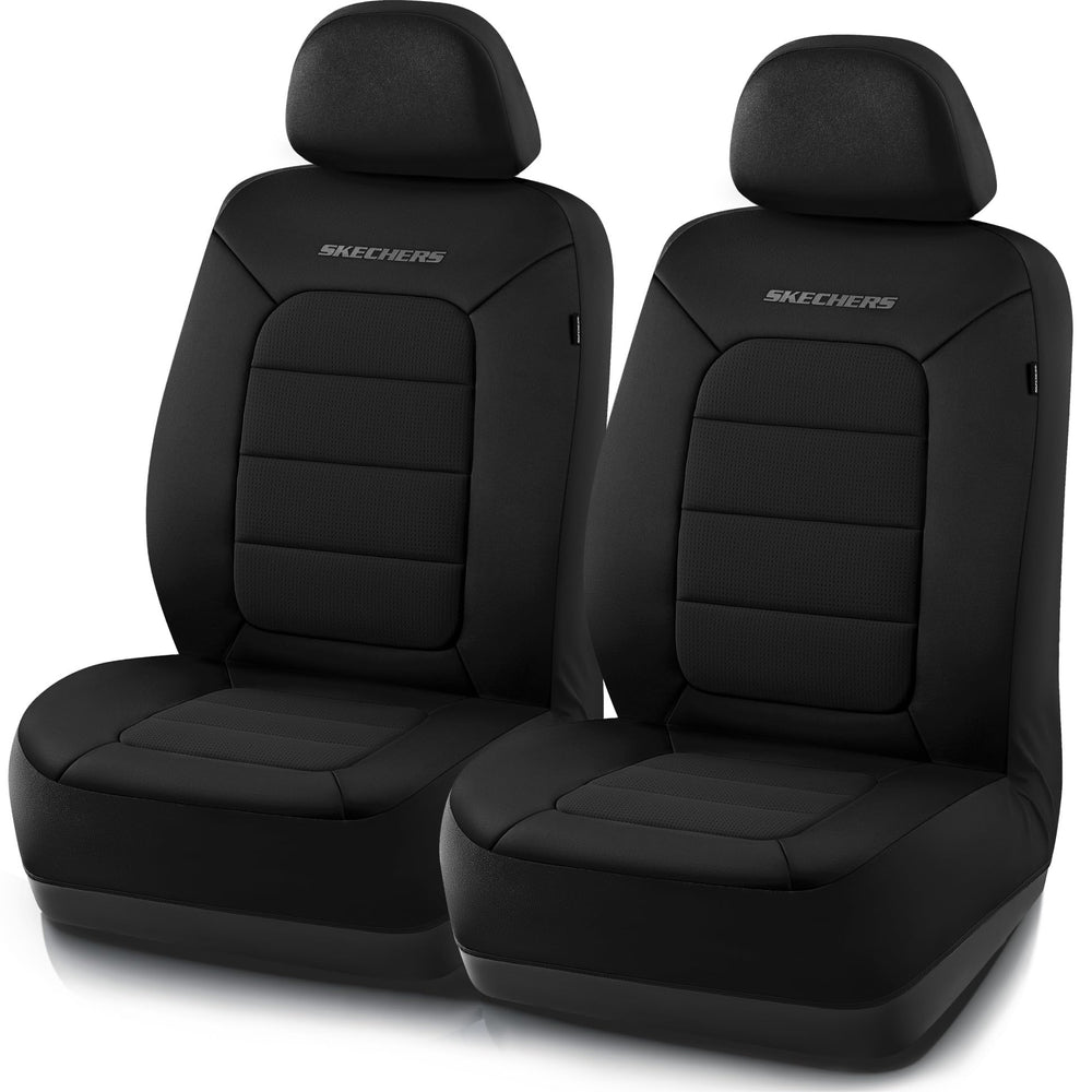 Skechers front seat cover on packaging showing included pair and fit benefits