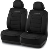 Skechers front seat cover on packaging showing included pair and fit benefits