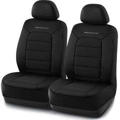 Skechers front seat cover on packaging showing included pair and fit benefits