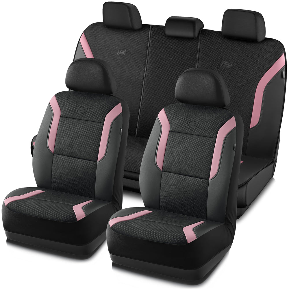 Skechers front seat full view showing pink cover and improved comfort