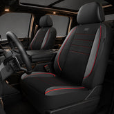 Skechers front seat full view showing red covers and improved comfort