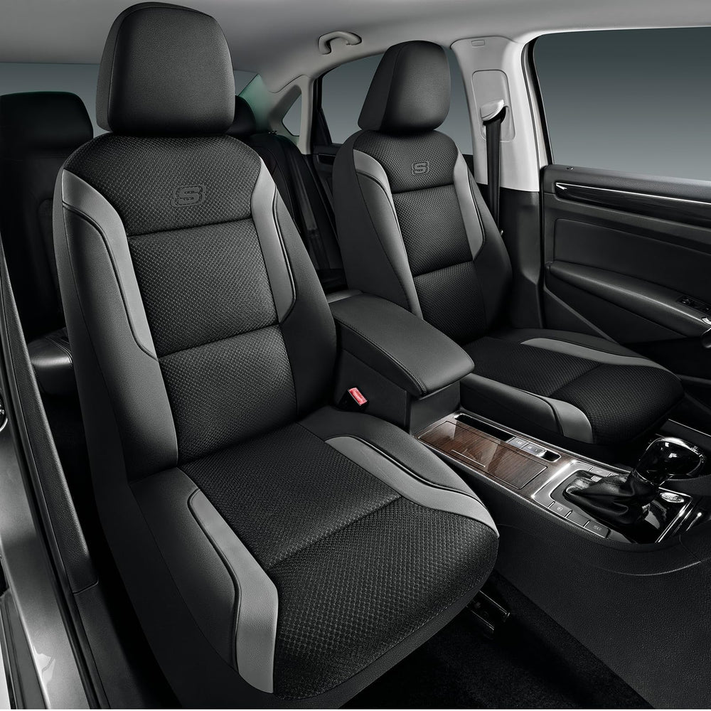 Skechers front seats full view showing gray covers and comfortable upgrade