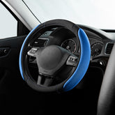 Skechers front view of black and blue steering wheel cover showing design and fit benefit