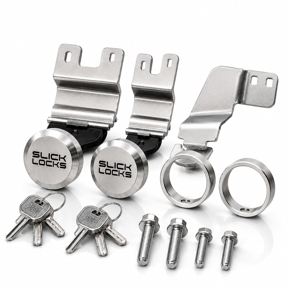 Slick Locks front packaging showing the Transit puck lock kit and included parts for quick identification and peace of mind