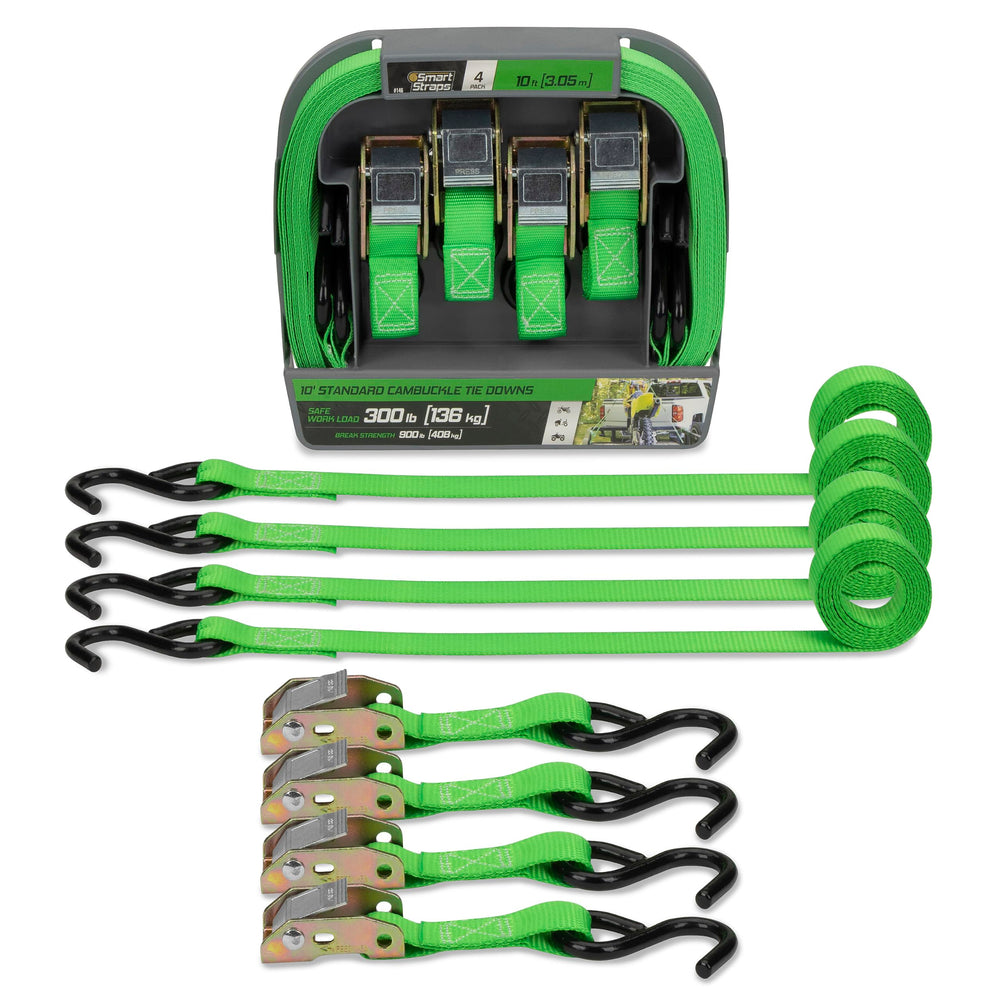 SMARTSTRAPS front packaging showing four 10' cambuckle straps and bright green webbing benefits quick identification