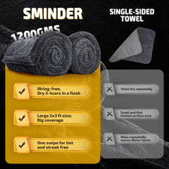 SMINDER hand holding unfolded towel to show 36x24 inch scale and coverage