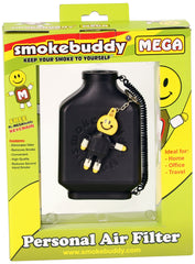 smokebuddy MEGA front view showing black casing and travel cap for discreet smoke filtration